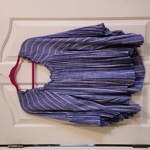 Blue & white striped peasant baby doll blouse top medium M